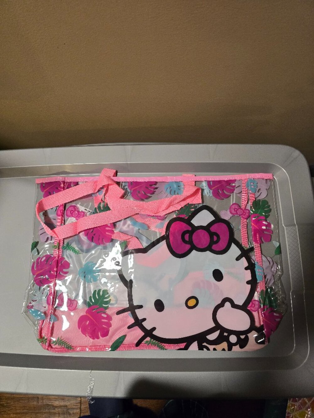 Hello Kitty – Clear Tropical Leaf Print Pink Trim Kawaii Beach Bag-Brand New